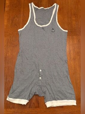 Men’s Striped Navy & White Sleeper Romper onesie good for strongman Halloween